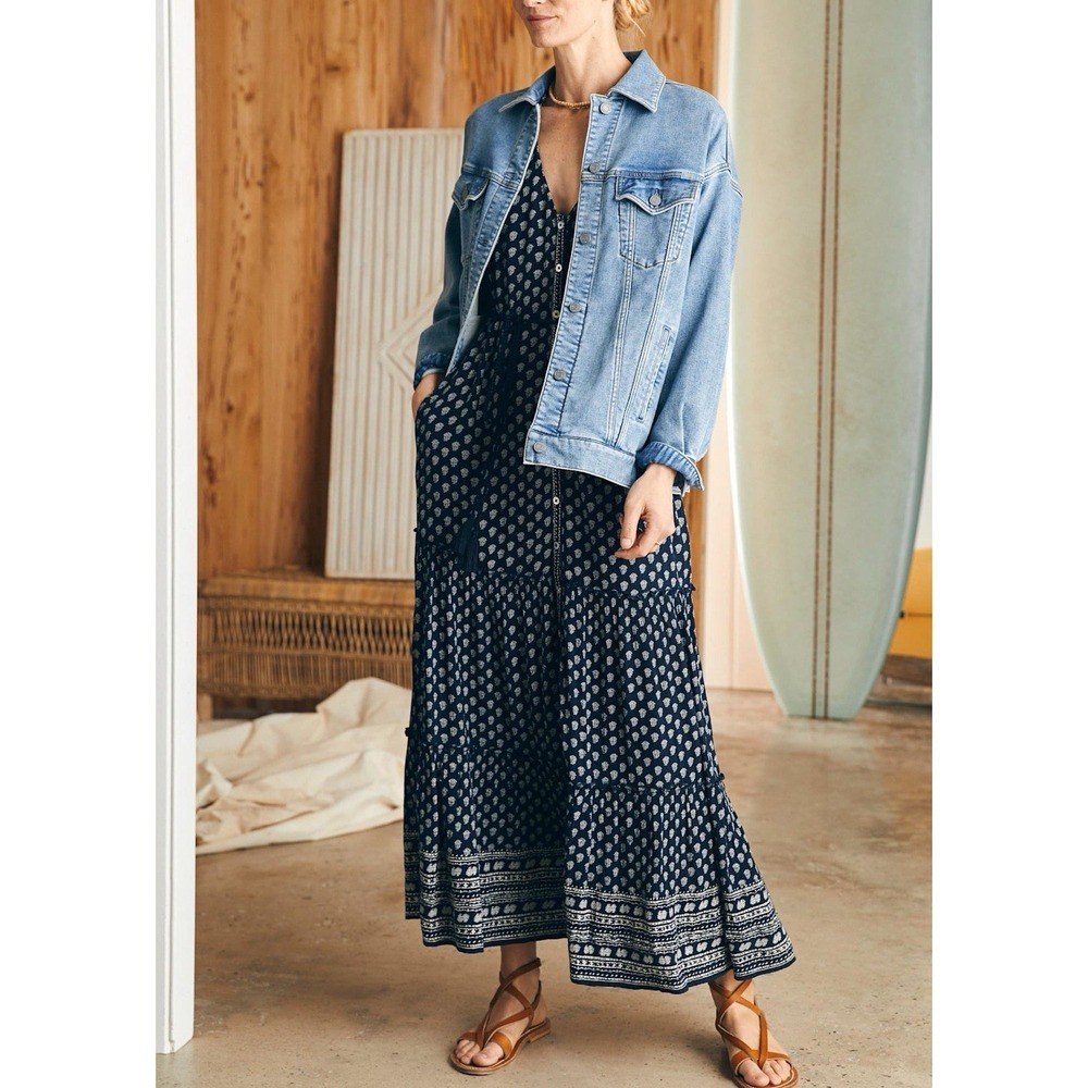 Faherty Orinda Long Sleeve Maxi Dress in navy blue and white. Sz S - Picture 3 of 16